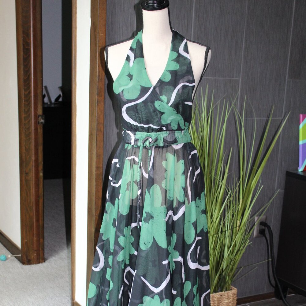 Alexandra Bueno Manglar Halter Dress. Size Small. Green/white/black print.